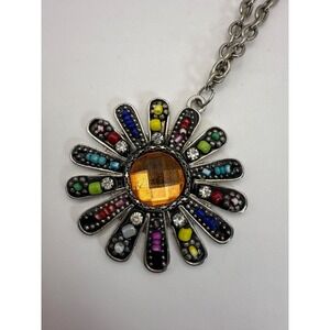 Vintage Sunburst Statement Necklace Pendant with Multicolor Bead Accents